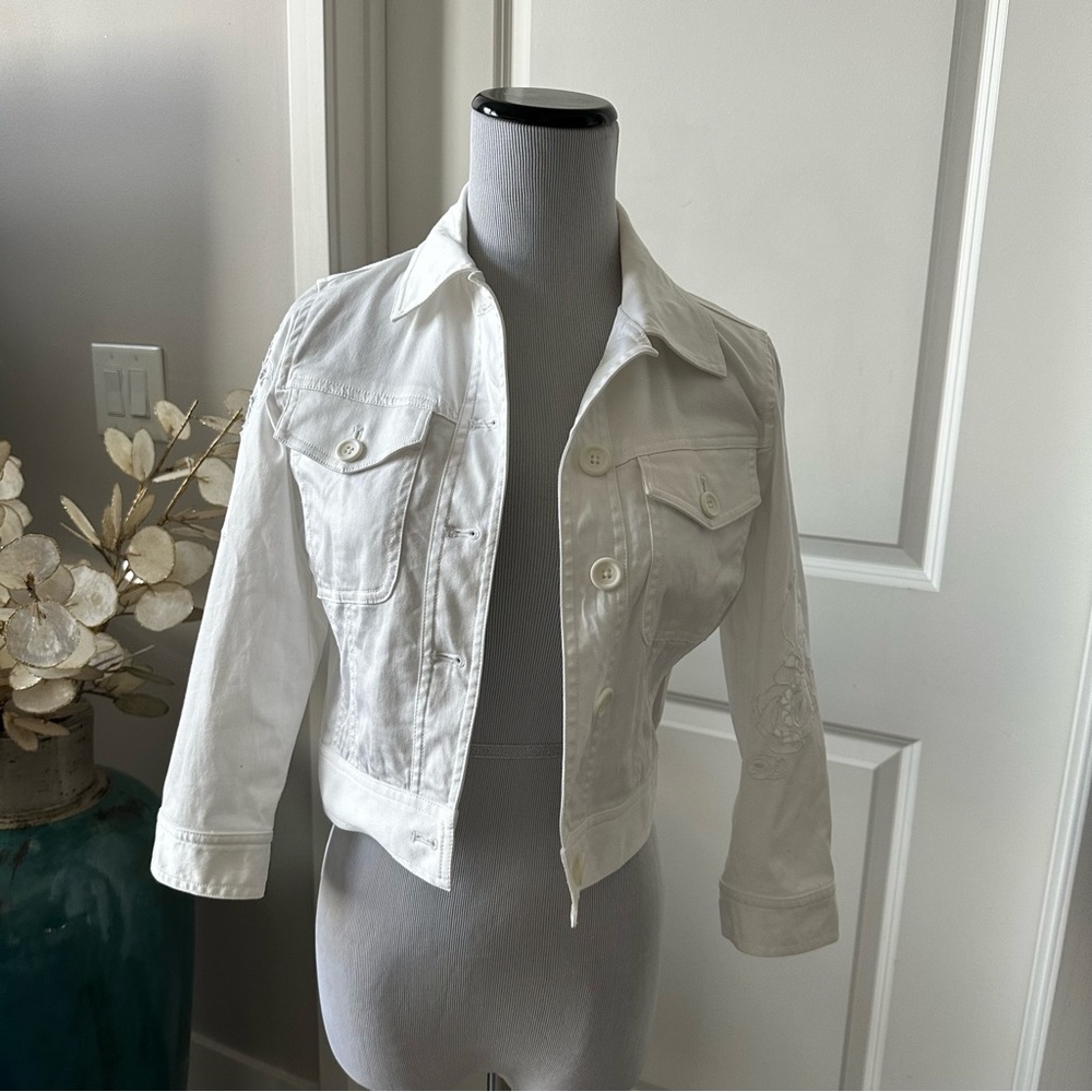 Bebe embroidered white twill cropped jacket XS